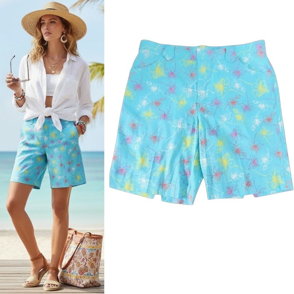 Palm Island Bermuda Shorts Wmns Sz 14 Blue Floral Cotton 10" Inseam Coastal